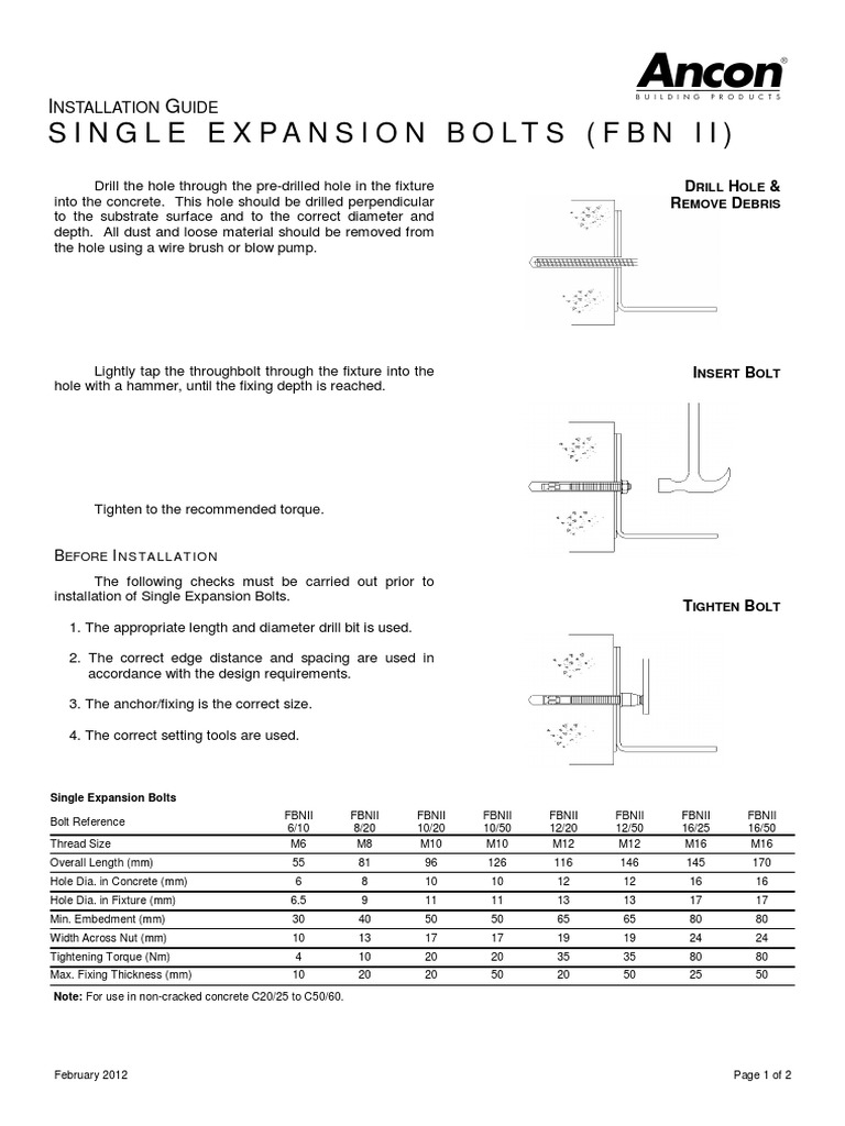 Single Expansion Bolts (FBN Ii) Nstallation Uide PDF Drill Screw