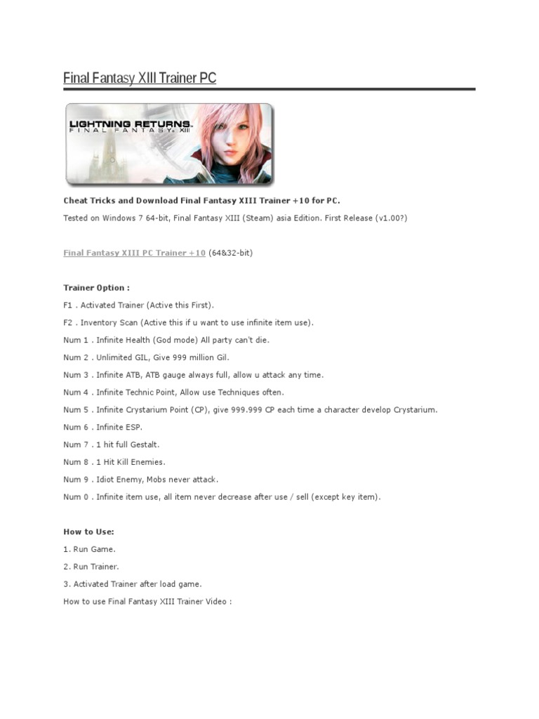 Final Fantasy Xiii Trainer Pc Advanced Micro Devices Microsoft Windows