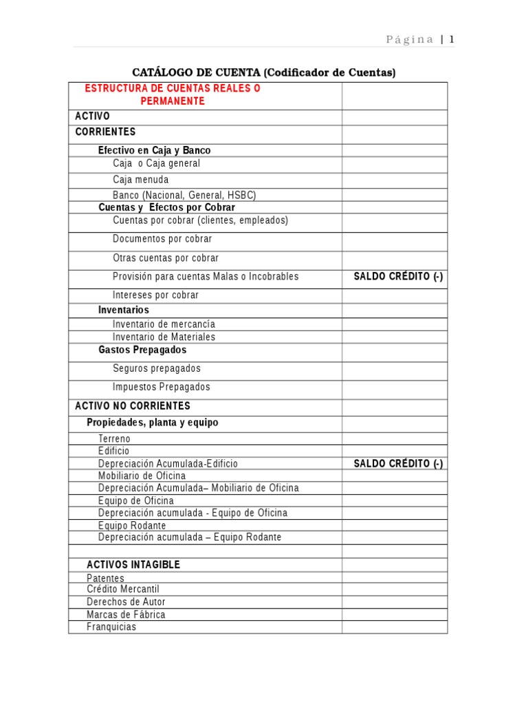 Catálogo de cuentas contables con estructura de activos, pasivos y ...