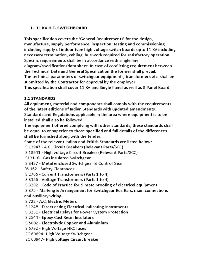 11 KV Switch Board - Specification Details | PDF | Electrical Wiring ...