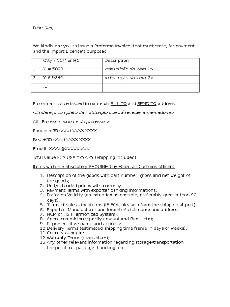 Proforma Invoice Request Template | PDF | Business | Law