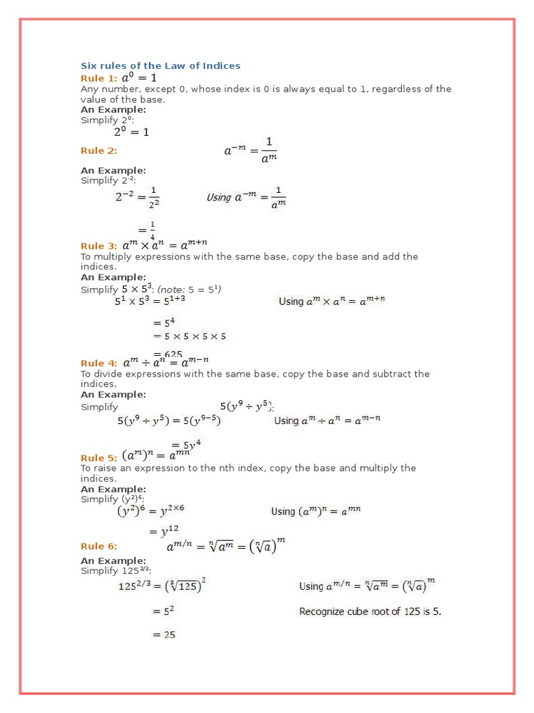 Six Rules of The Law of Indices PDF Numbers Teaching Mathematics