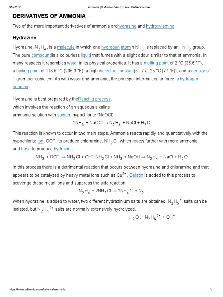 Derivatives of Ammonia: Hydrazine | PDF | Ammonia | Chlorine