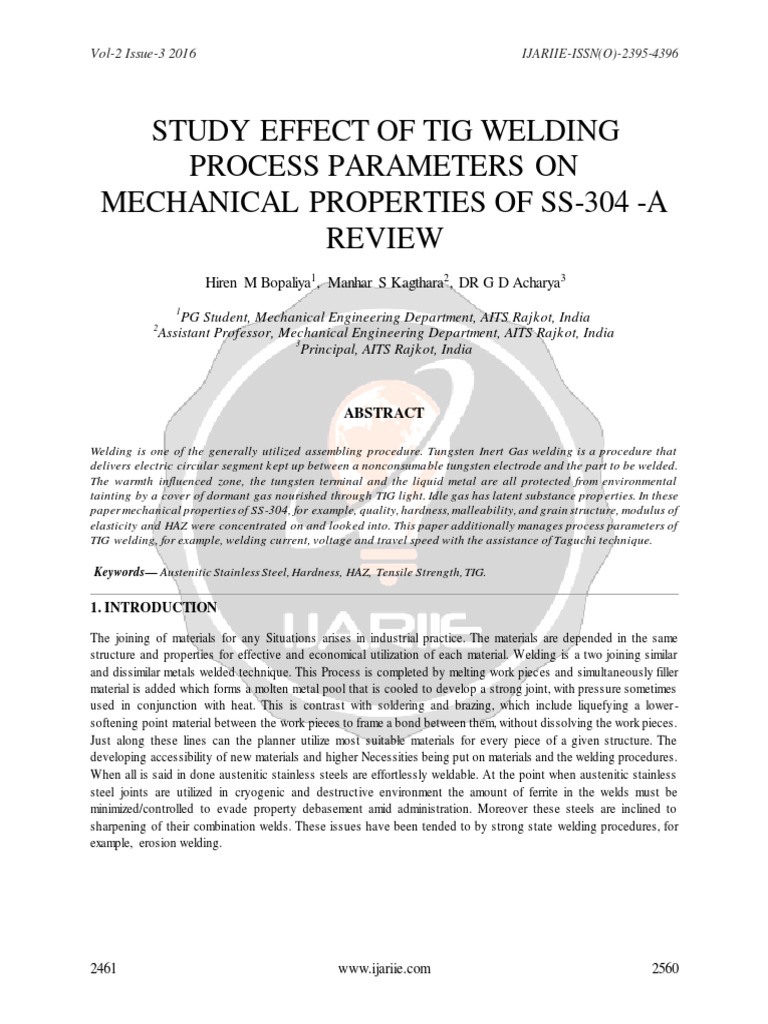 Study Effect of Tig Welding Process Parameters On Mechanical Properties ...
