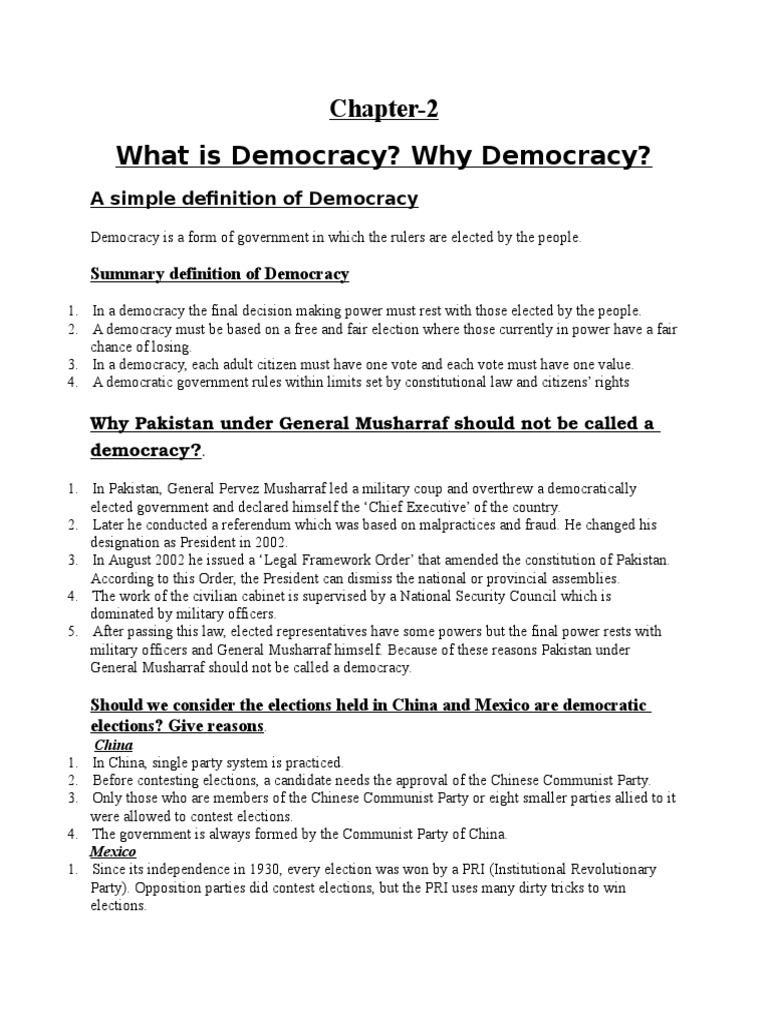 Notes Chapter2 What is Democracy Why Democracy Elections Democracy