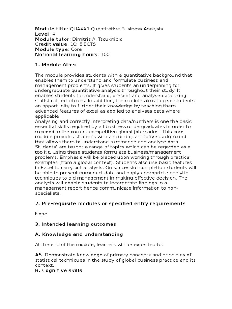 Module Outline - Quantitative Business Analysis | PDF | Educational ...