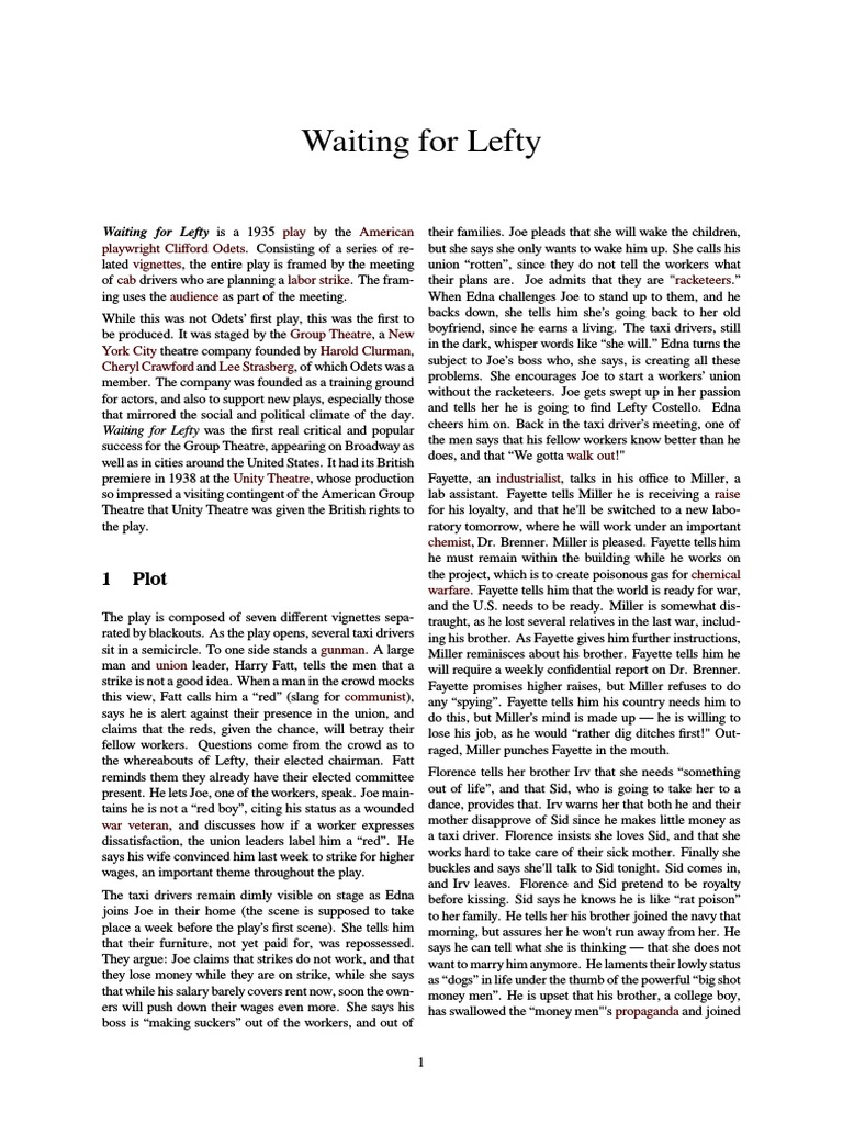 Waiting For Lefty Analysis PDF Theatre Performing Arts