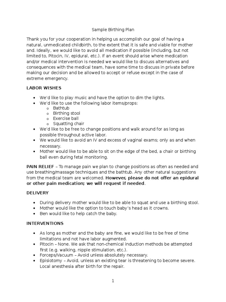 Sample Birthing Plan Childbirth Breastfeeding