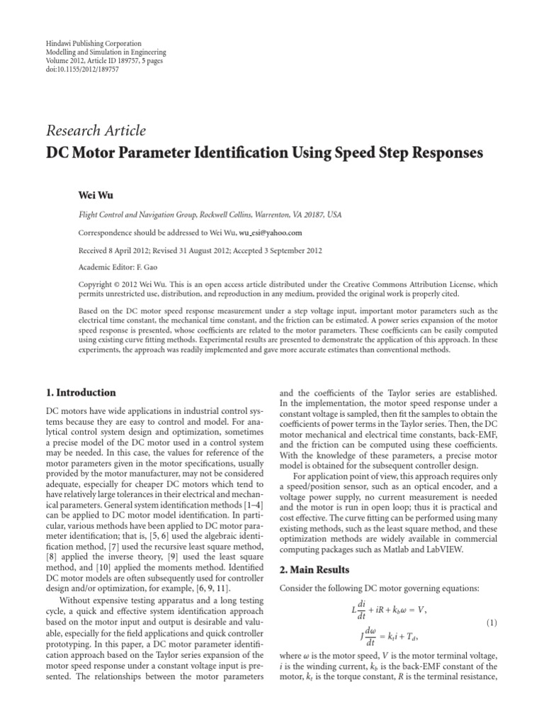 DC Motor Parameter Identification Using Speed Step Responses | PDF ...