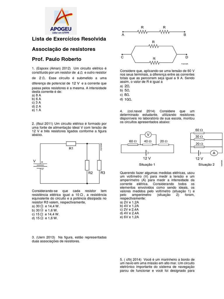 Lista de Exercícios Eletrodinâmica Resistores Prof Paulo Roberto Física ...