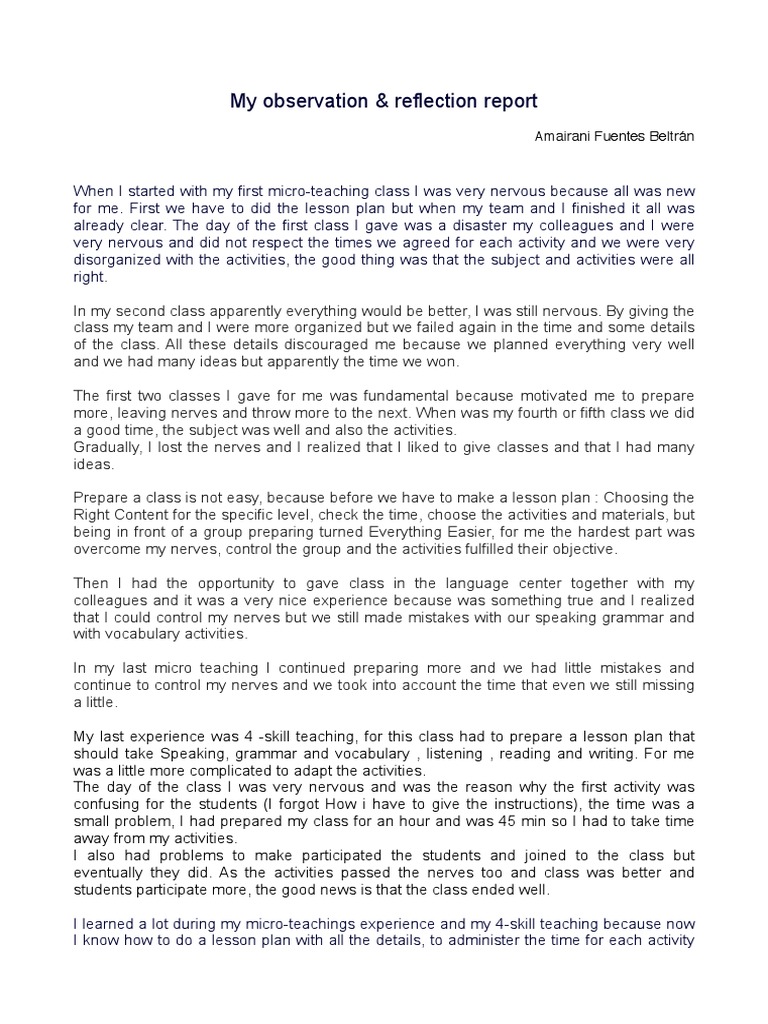 My Observation and Reflection Report Lesson Plan Applied Psychology