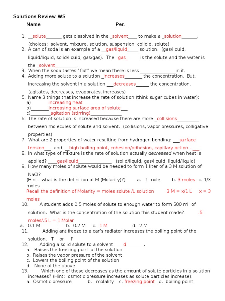Modified Review WS KEY | PDF | Molar Concentration | Solution