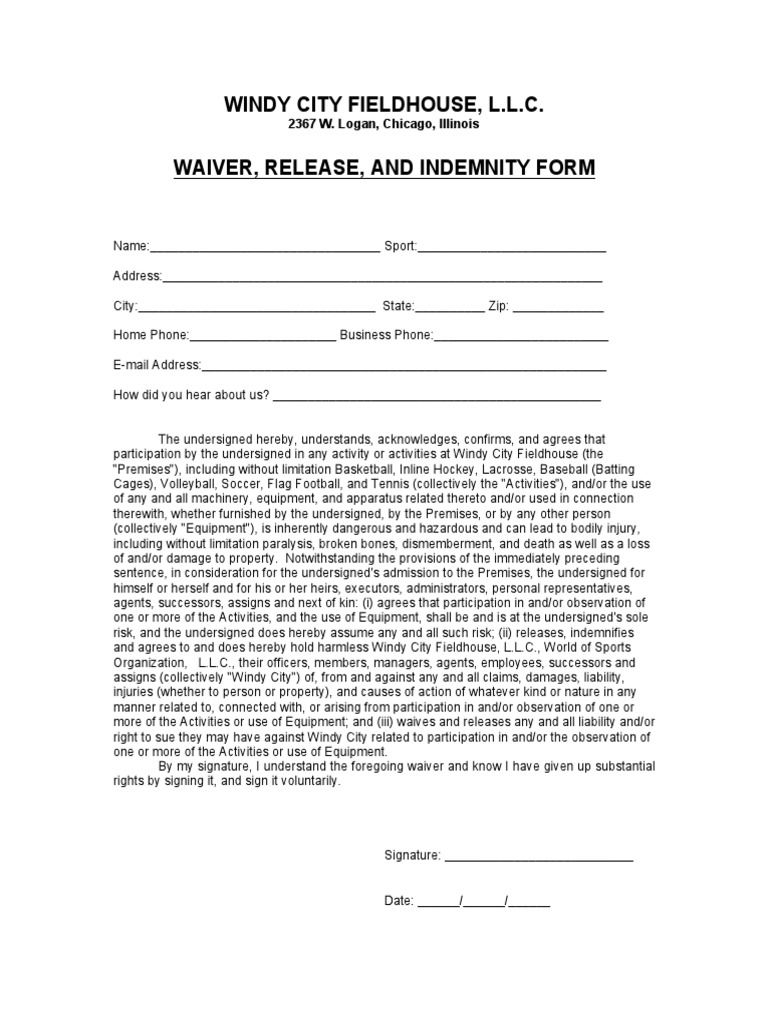 Waiver and Release Form for Participation in Activities at Windy City ...
