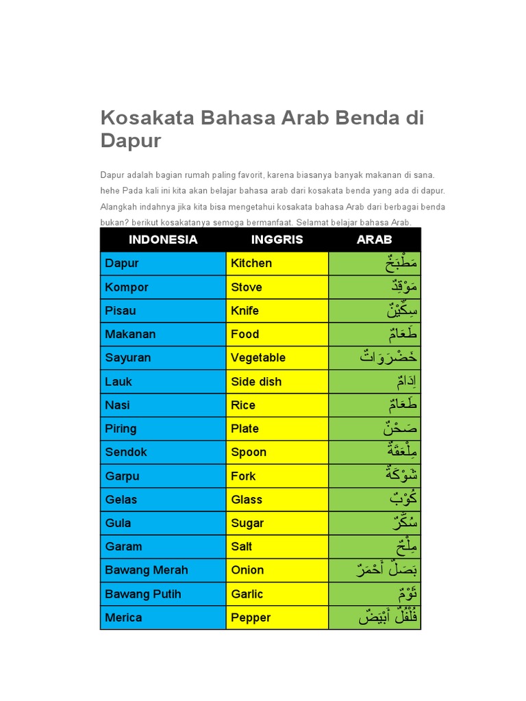 Kosakata Bahasa Arab Benda Di Dapur Pdf