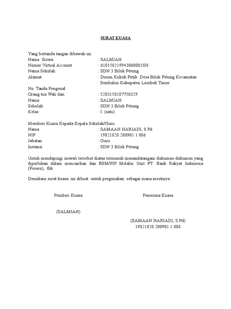 Surat Kuasa Wali Murid Tahap 1 Pdf
