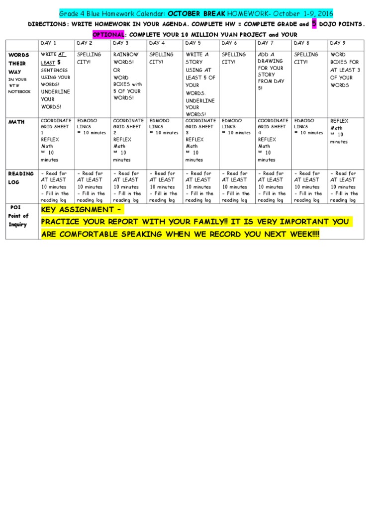 Grade 4 Blue Homework Calendar - October Break | PDF