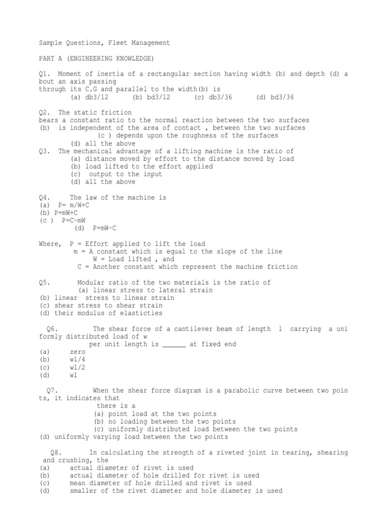 Fleet Management Exam Sample Questions | PDF | Gear | Stress (Mechanics)