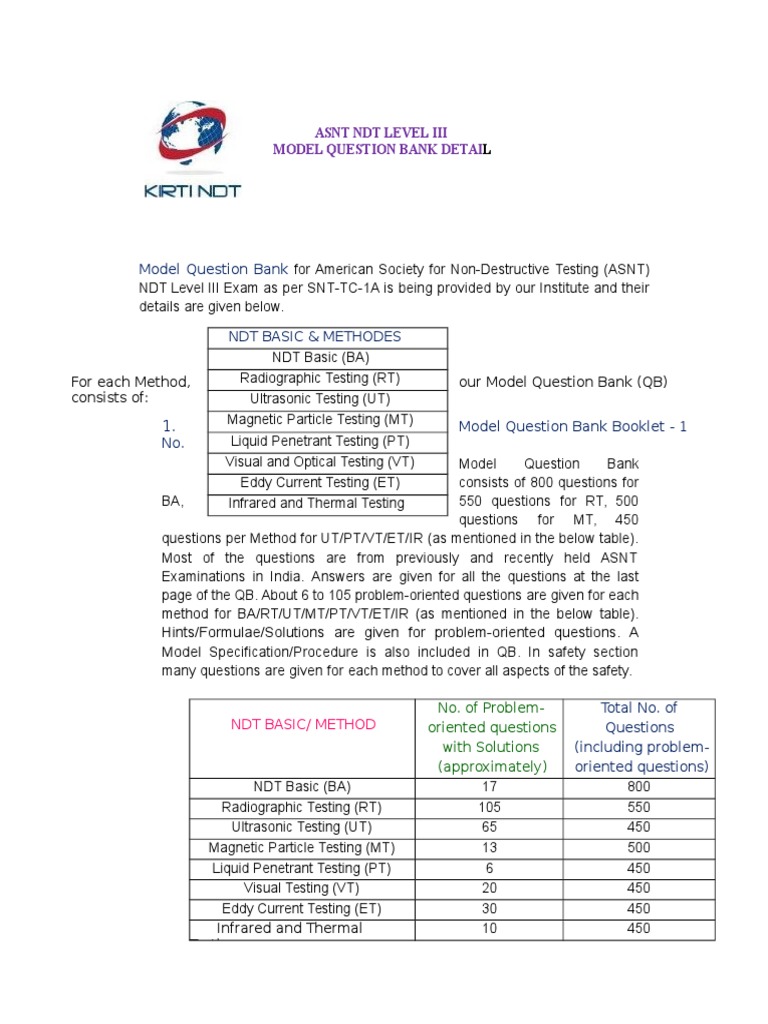 Model Question Bank ASNT NDT Level 3 Examination