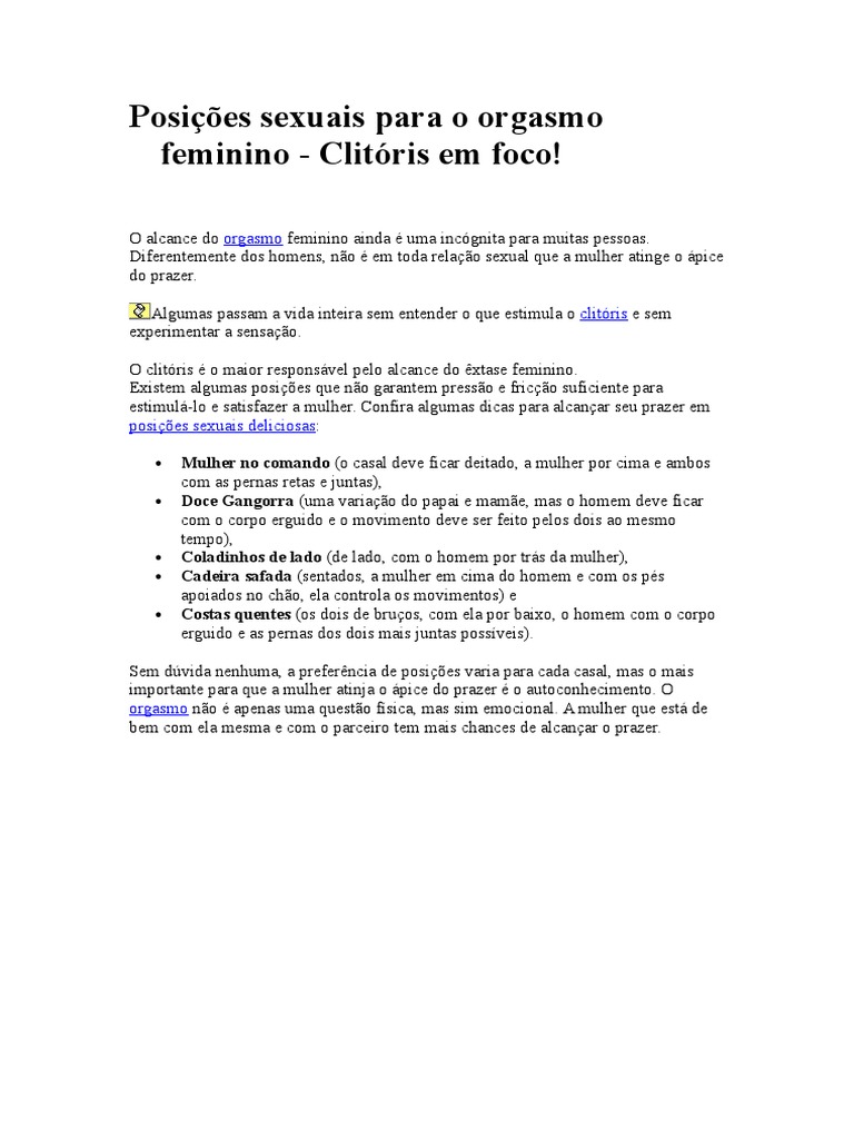 Posições Sexuais para o Orgasmo Feminino - Clitóris em Foco! | PDF