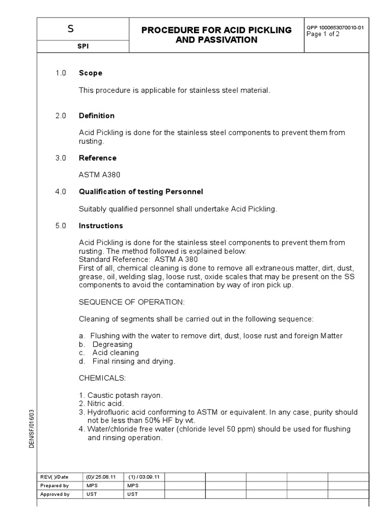 Pickling and Passivation Procedure A380 Nitric Acid Chemical Substances