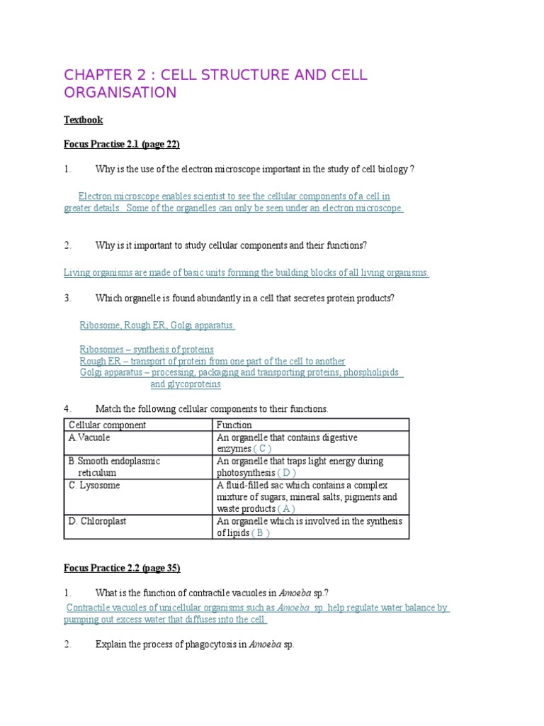Chapter 2: Cell Structure and Cell Organisation: Textbook Focus ...