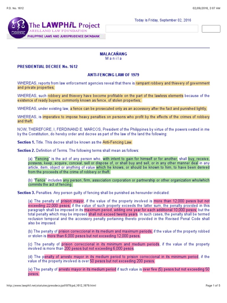 P.D. No. 1612 AntiFencing Law PDF Theft Robbery