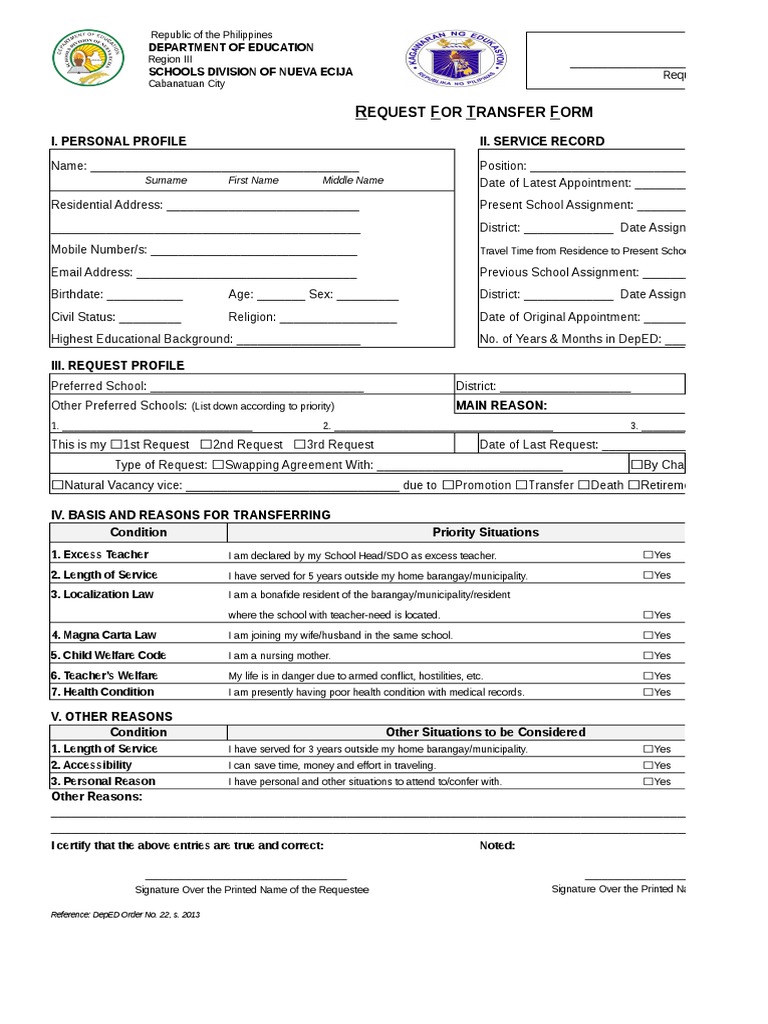 Teacher Transfer Request Form Philippines | PDF