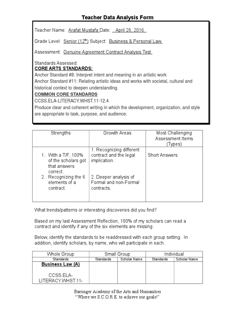 Teacher Data Analysis Form: Core Arts Standards | PDF