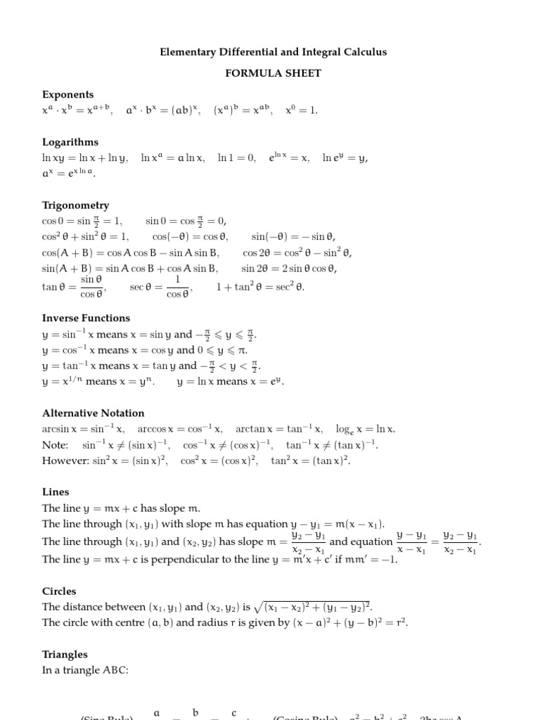 Essential Calculus Formula Sheet | PDF | Sine | Trigonometric Functions