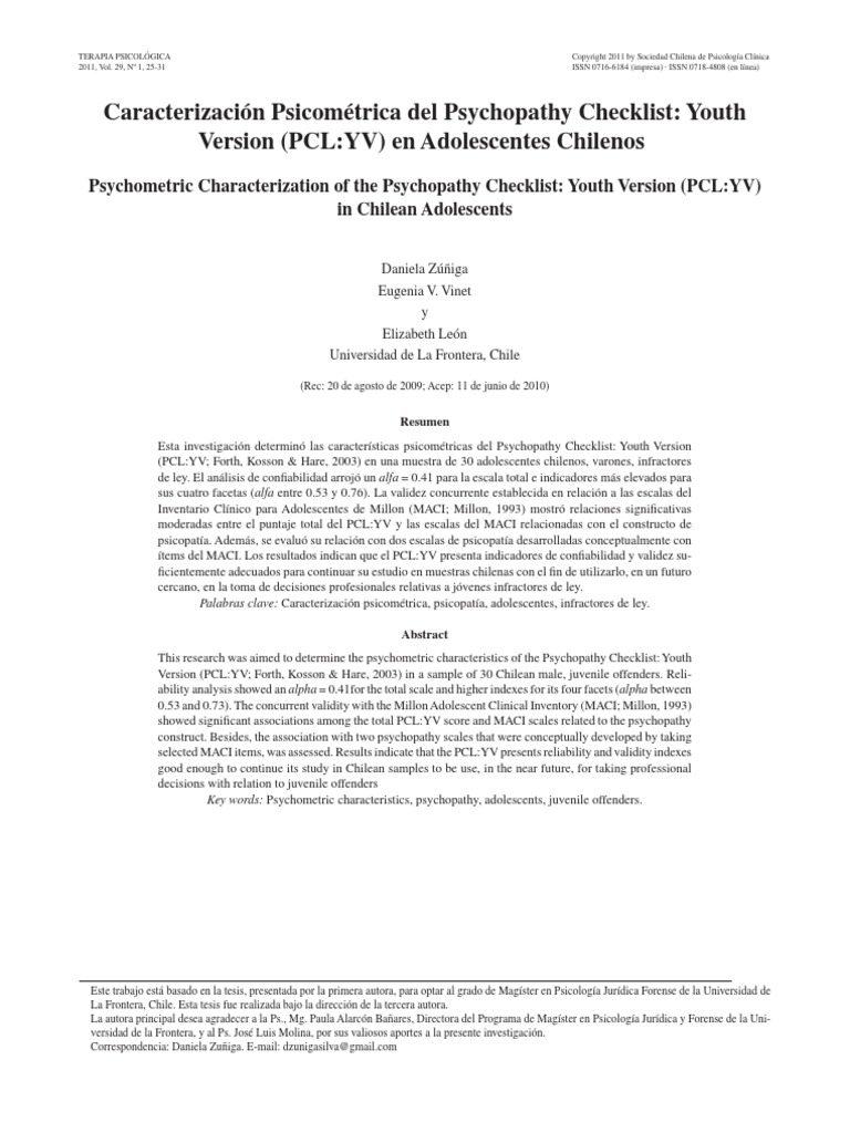 Caracterización Psicométrica Del Psychopathy Checklist Youth PDF | PDF