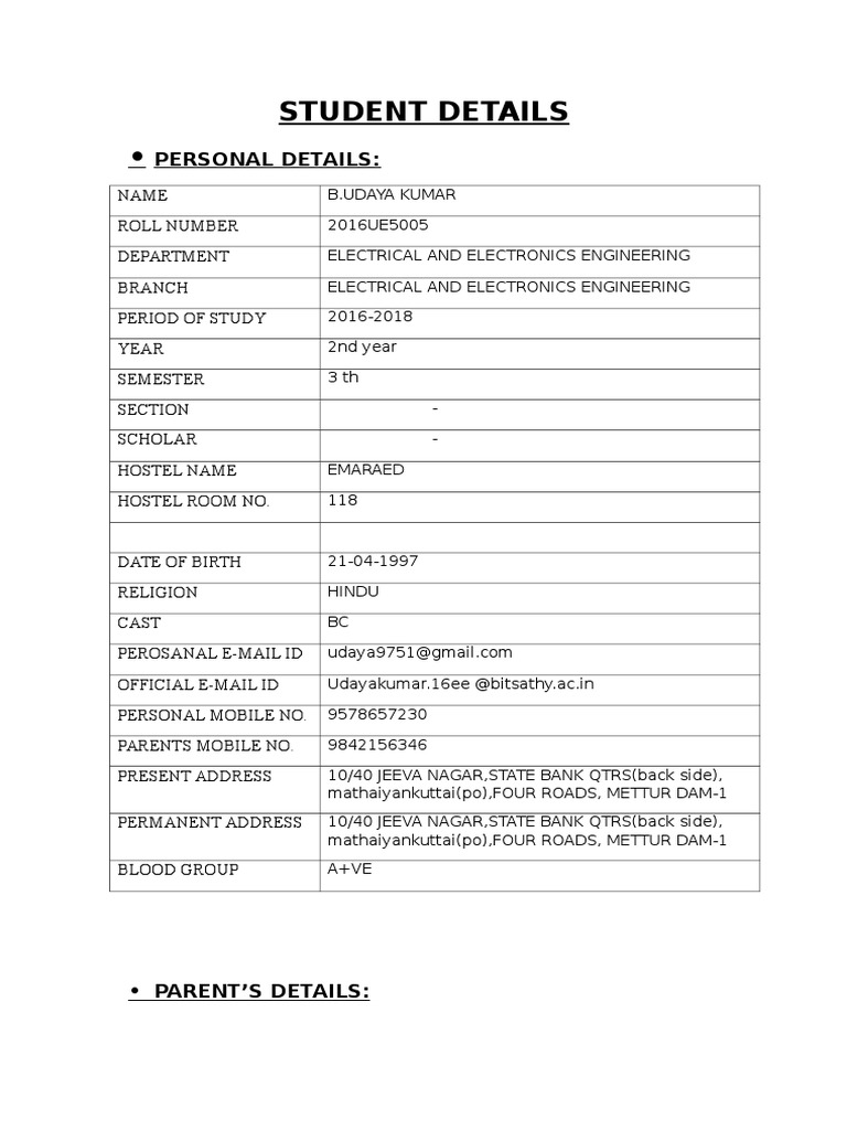 Student Profile: B. Udaya Kumar | PDF