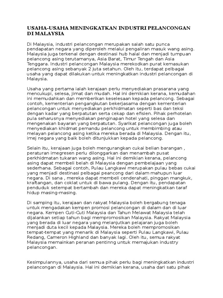 Usaha-Usaha Meningkatkan Industri Pelancongan Di Malaysia | PDF