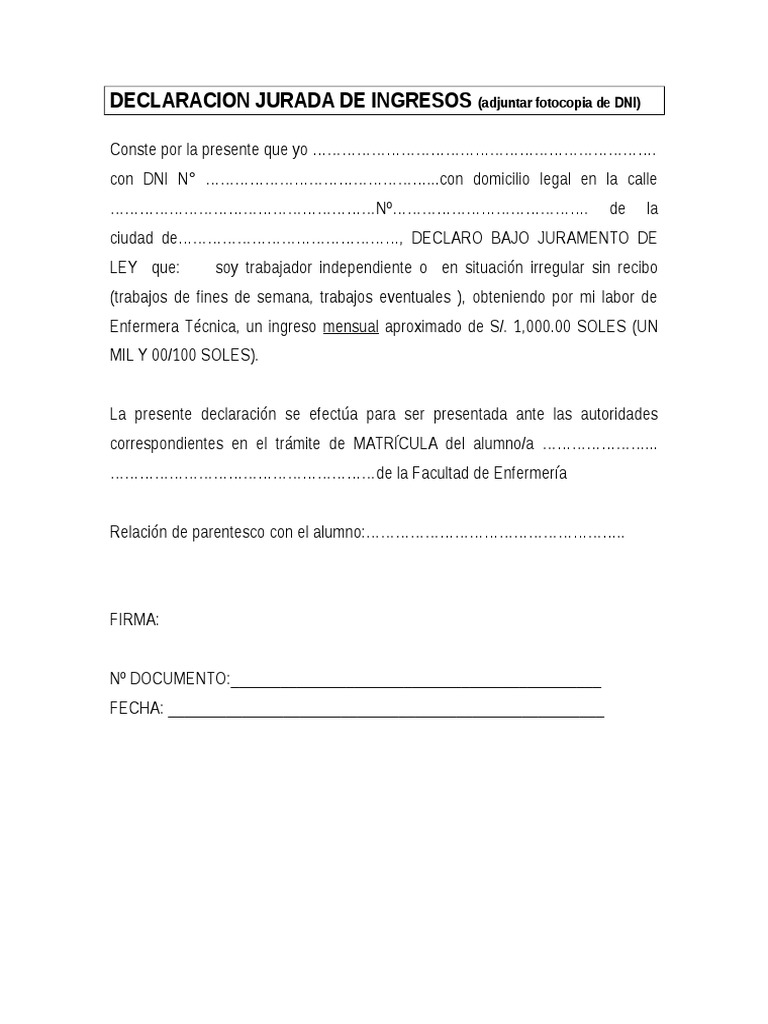 Declaracion Jurada de Ingresos | PDF