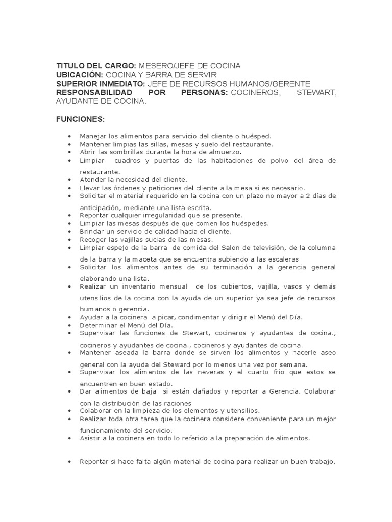 Manual de Funciones Restaurante | Cocina | Hotel