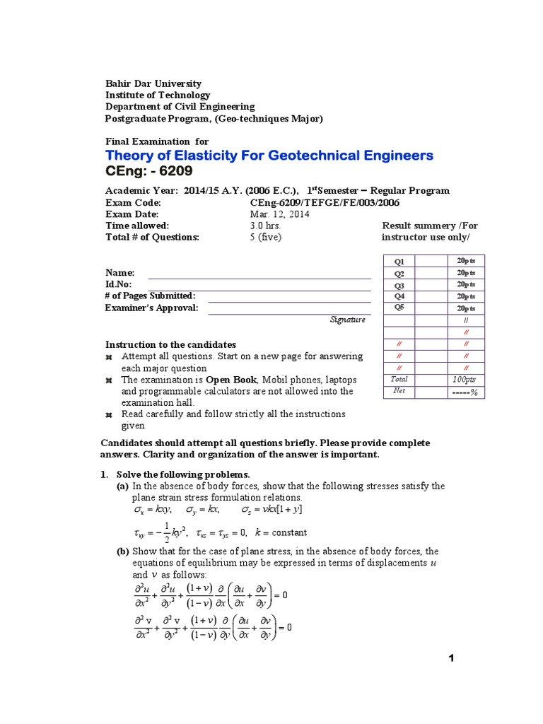 Theory of Elasticity Exam for Geotechnical Engineers | PDF | Test ...