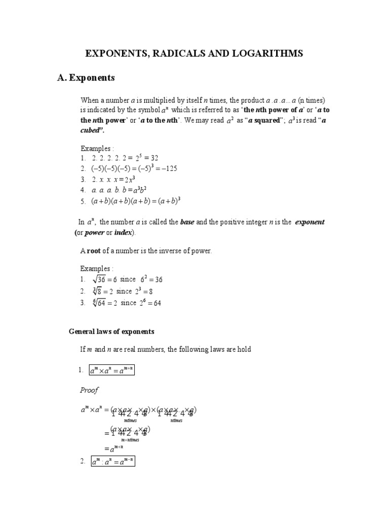 Exponents, Radicals and Logarithms PDF Logarithm Fraction