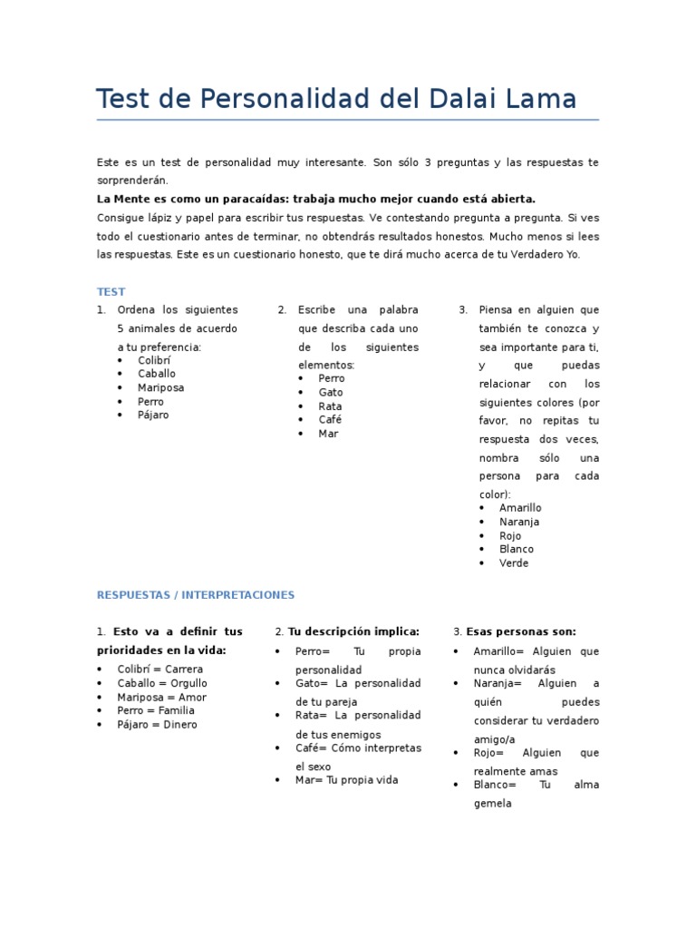 Test de Personalidad del Dalai Lama | PDF | Relaciones personales ...