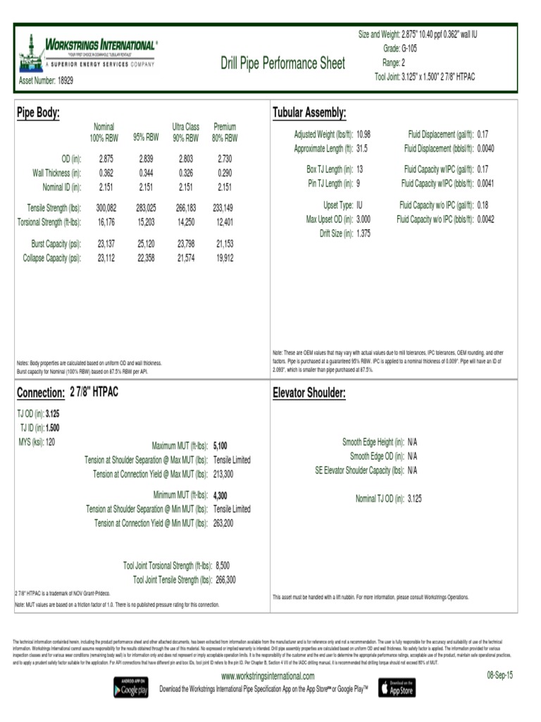 Performance Sheet Drill Pipe: Pipe Body: Tubular Assembly | PDF | Pipe ...