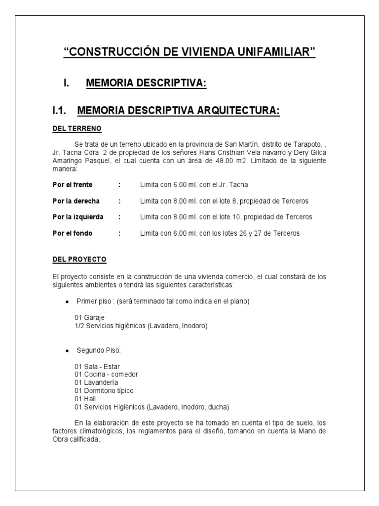 Memoria Descriptiva de Vivienda Unifamiliar | PDF | Fundación ...
