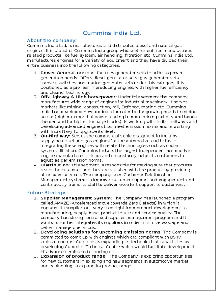 Cummins India LTD. About The Company PDF Cummins Industries