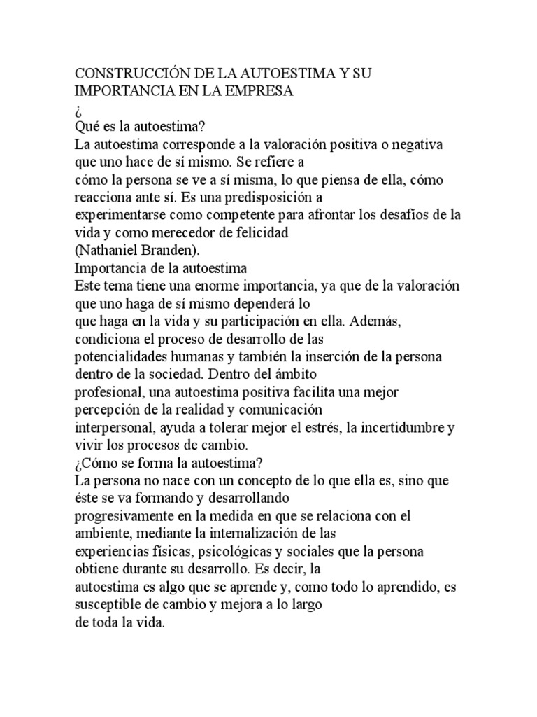 Construcción de La Autoestima y Su Importancia en La Empresa | PDF