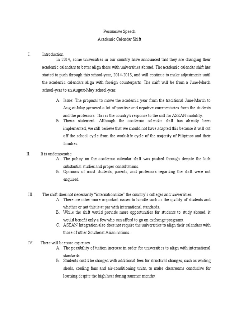 Persuasive Speech Outline PDF Academic Term Students