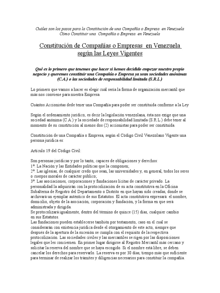 Cuales Son Los Pasos Para La Constitucion De Una Compania O