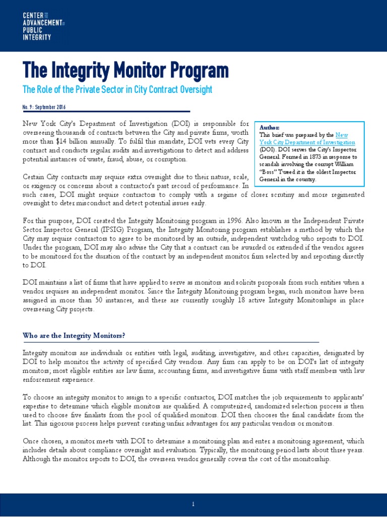 The Integrity Monitor Program CAPI Issue Brief September 2016