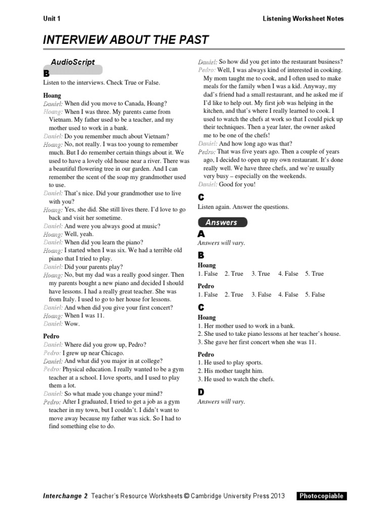 Interchange 2 Unit01 Listening Worksheet Pdf Restaurants Leisure