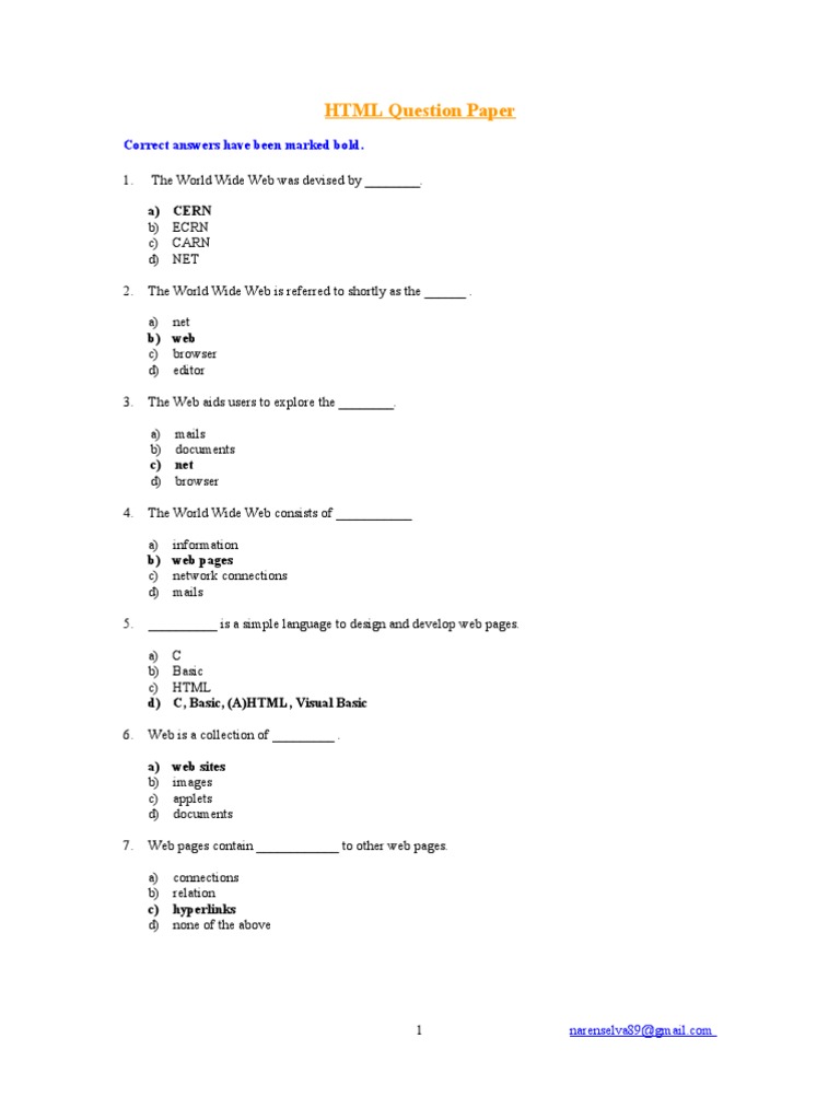 HTML Question Paper | Html Element | World Wide Web