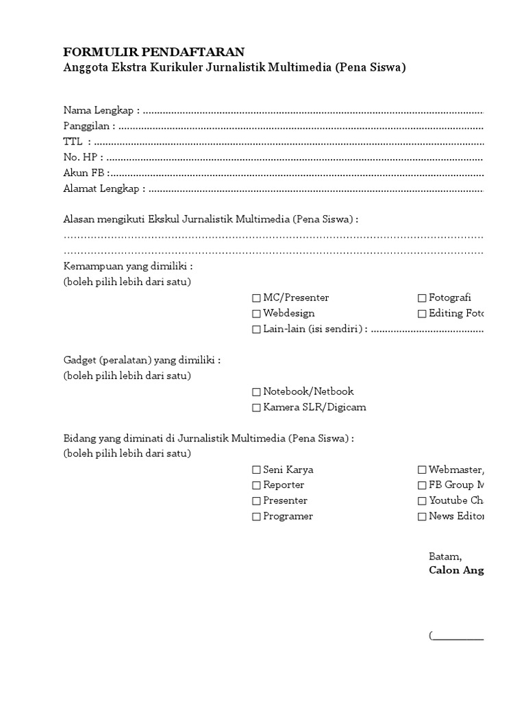 Form Pendaftaran Eskul Pdf