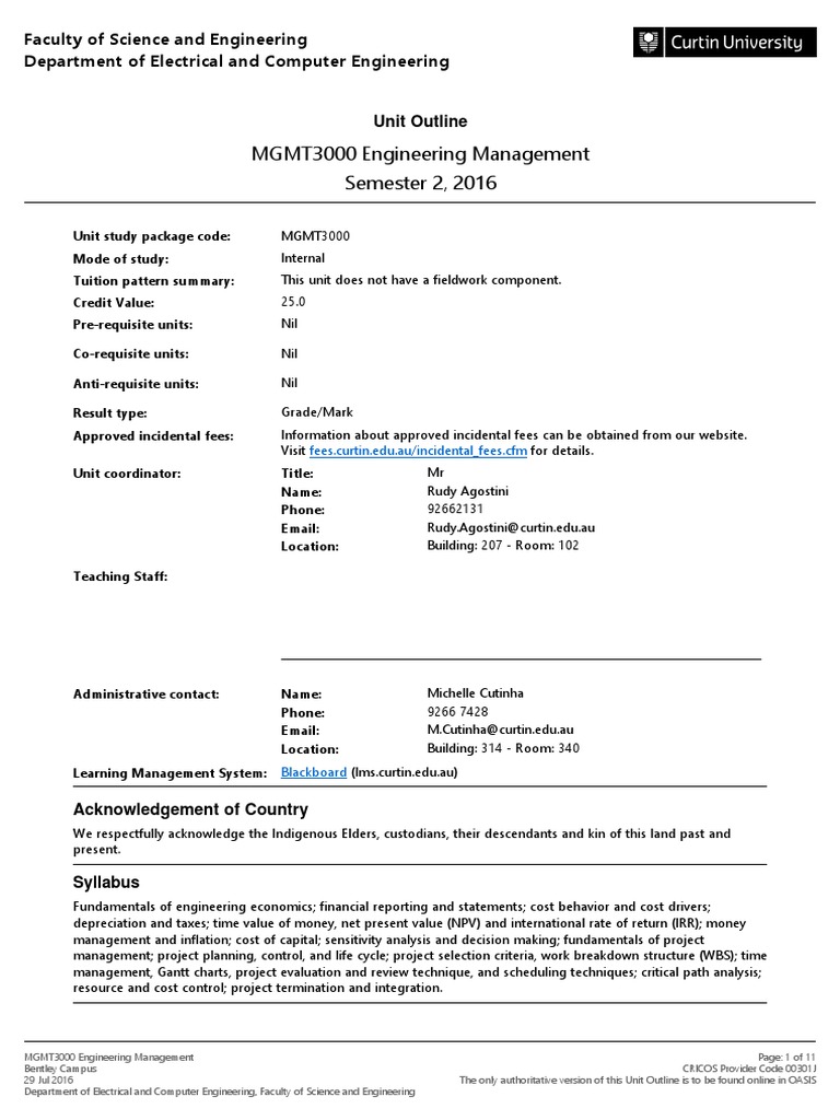 Unit Outline MGMT3000 Engineering Management Semester 2 2016 Bentley ...
