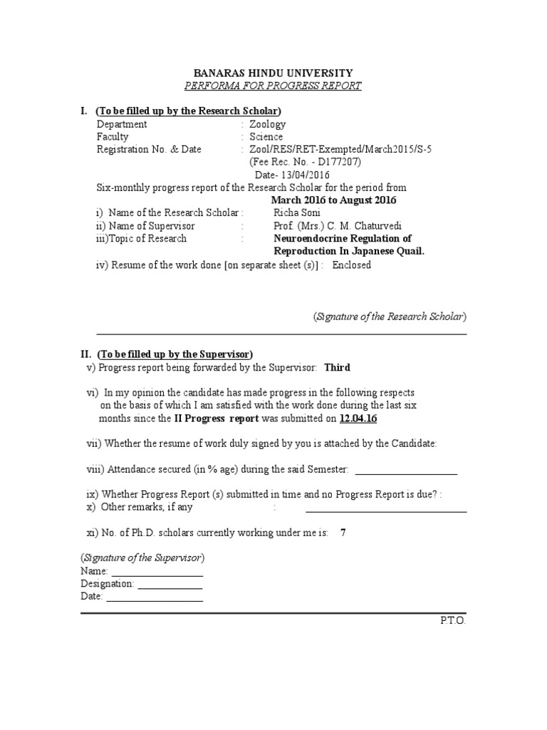 Proforma For Progres Report Richa Soni | PDF | Science & Mathematics