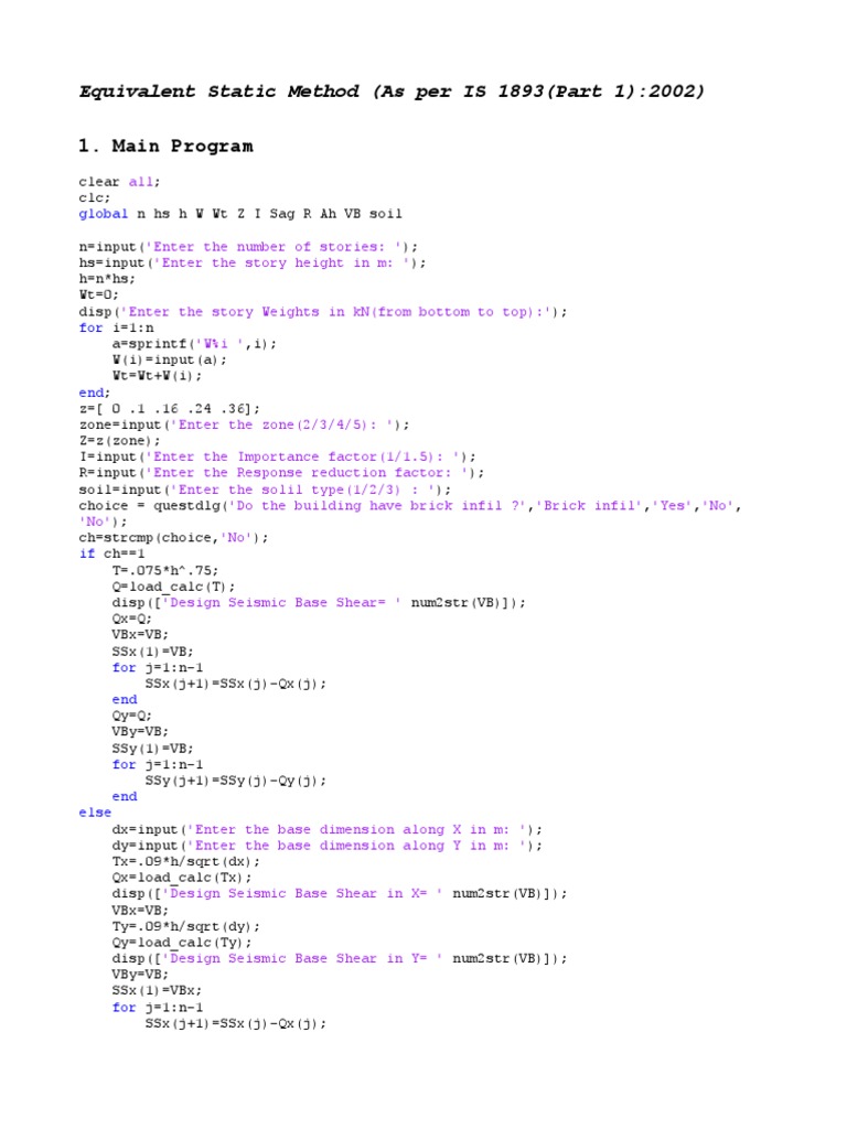 Matlab Program For IS 1893: EARTHQUAKE RESISTANT DESIGN OF STRUCTURES ...